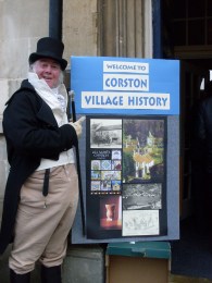 Martin Salter on duty outside Bath's Jane Austen Centre and with a display of some of Corston's village history.