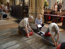 Floor trial and ledger stone recording - L-R-Volunteers Mark Hudson Sandra Brown and Priscilla Olver Small
