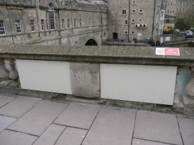 Boarded up section at Pulteney Weir