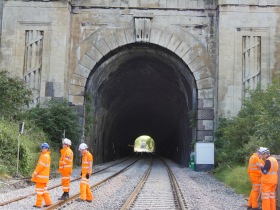 The tunnel through Middle Hill showing the fasces either side of the portal entrance.